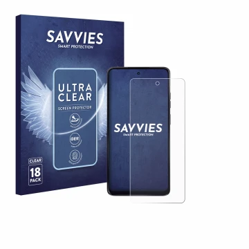 Parte frontal de un envase de producto con el logotipo de la marca Savvies. Al lado se muestra el dispositivo Motorola Moto G2