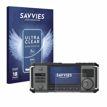 Parte frontal de un envase de producto con el logotipo de la marca Savvies. Al lado se muestra el dispositivo Xiegu X6200 con 