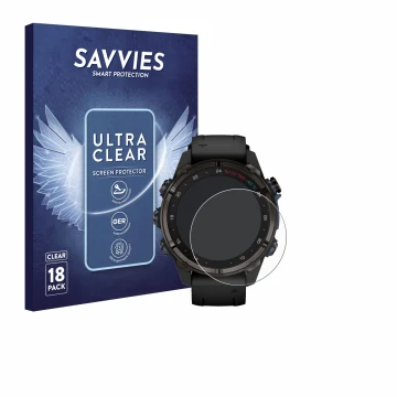 Parte frontal de un envase de producto con el logotipo de la marca Savvies. Al lado se muestra el dispositivo Garmin Descent M