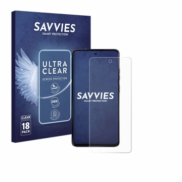 Parte frontal de un envase de producto con el logotipo de la marca Savvies. Al lado se muestra el dispositivo Motorola Moto G2