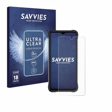 Parte frontal de un envase de producto con el logotipo de la marca Savvies. Al lado se muestra el dispositivo Umidigi Bison X2