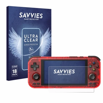 Parte frontal de un envase de producto con el logotipo de la marca Savvies. Al lado se muestra el dispositivo Retroid Pocket 4