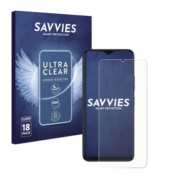 Parte frontal de un envase de producto con el logotipo de la marca Savvies. Al lado se muestra el dispositivo Tecno Spark 10 5