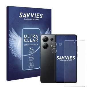 Parte frontal de un envase de producto con el logotipo de la marca Savvies. Al lado se muestra el dispositivo Xiaomi Redmi Not