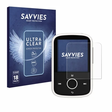 Parte frontal de un envase de producto con el logotipo de la marca Savvies. Al lado se muestra el dispositivo Majority MP3 16G
