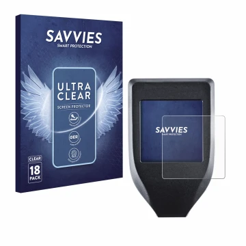 Parte frontal de un envase de producto con el logotipo de la marca Savvies. Al lado se muestra el dispositivo Trezor Model T c