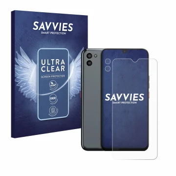 Parte frontal de un envase de producto con el logotipo de la marca Savvies. Al lado se muestra el dispositivo Gigaset GS5 PRO 