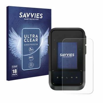 Parte frontal de un envase de producto con el logotipo de la marca Savvies. Al lado se muestra el dispositivo Garmin eTrex Sol