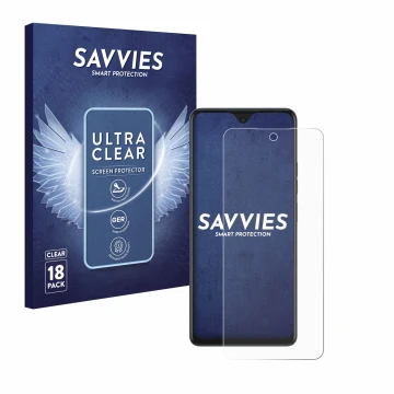 Parte frontal de un envase de producto con el logotipo de la marca Savvies. Al lado se muestra el dispositivo Tecno Spark 10 P