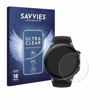 Parte frontal de un envase de producto con el logotipo de la marca Savvies. Al lado se muestra el dispositivo OnePlus Watch 2 