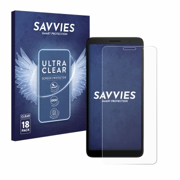 Parte frontal de un envase de producto con el logotipo de la marca Savvies. Al lado se muestra el dispositivo TCL 501 con su p