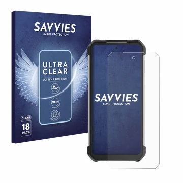 Parte frontal de un envase de producto con el logotipo de la marca Savvies. Al lado se muestra el dispositivo Unihertz Tank 3 