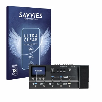 Parte frontal de un envase de producto con el logotipo de la marca Savvies. Al lado se muestra el dispositivo Boss GX-100 con 