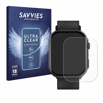 Parte frontal de un envase de producto con el logotipo de la marca Savvies. Al lado se muestra el dispositivo Yuede Smartwatch