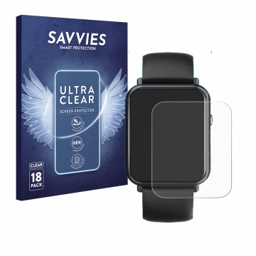 Parte frontal de un envase de producto con el logotipo de la marca Savvies. Al lado se muestra el dispositivo Sross Smartwatch
