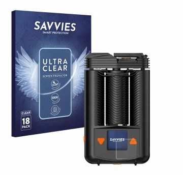 Parte frontal de un envase de producto con el logotipo de la marca Savvies. Al lado se muestra el dispositivo Storz & Bickel M