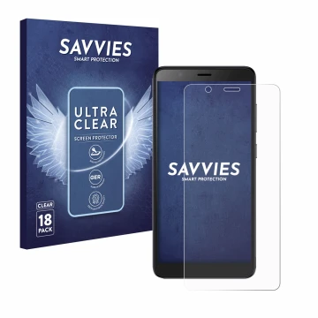 Parte frontal de un envase de producto con el logotipo de la marca Savvies. Al lado se muestra el dispositivo ZTE Blade A32 co