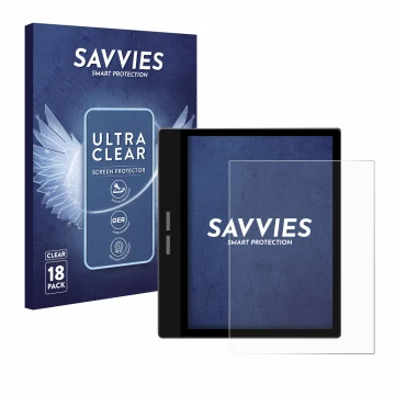 Parte frontal de un envase de producto con el logotipo de la marca Savvies. Al lado se muestra el dispositivo Bigme B751C con 
