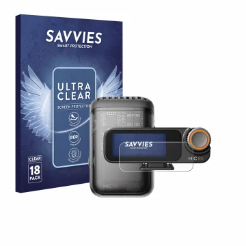 Parte frontal de un envase de producto con el logotipo de la marca Savvies. Al lado se muestra el dispositivo DJI Mic 2 (Recei