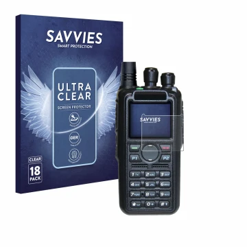 Parte frontal de un envase de producto con el logotipo de la marca Savvies. Al lado se muestra el dispositivo AnyTone AT-D878U