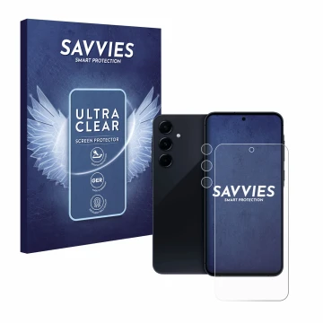 Parte frontal de un envase de producto con el logotipo de la marca Savvies. Al lado se muestra el dispositivo Samsung Galaxy A