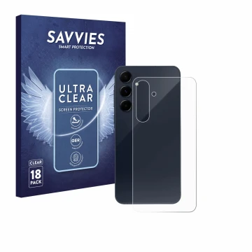Parte frontal de un envase de producto con el logotipo de la marca Savvies. Al lado se muestra el dispositivo Samsung Galaxy A