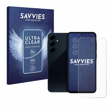 Parte frontal de un envase de producto con el logotipo de la marca Savvies. Al lado se muestra el dispositivo Samsung Galaxy A