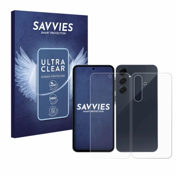 Parte frontal de un envase de producto con el logotipo de la marca Savvies. Al lado se muestra el dispositivo Samsung Galaxy A