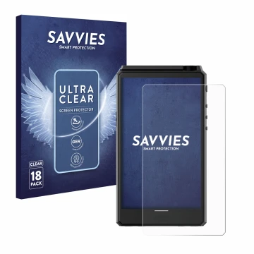 Parte frontal de un envase de producto con el logotipo de la marca Savvies. Al lado se muestra el dispositivo Hiby R6 III con 