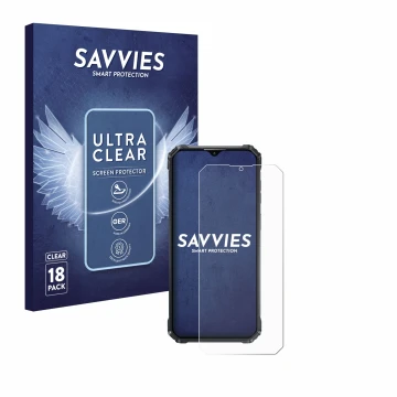 Parte frontal de un envase de producto con el logotipo de la marca Savvies. Al lado se muestra el dispositivo Oukitel WP36 con