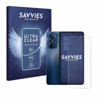 Parte frontal de un envase de producto con el logotipo de la marca Savvies. Al lado se muestra el dispositivo Motorola Edge 30