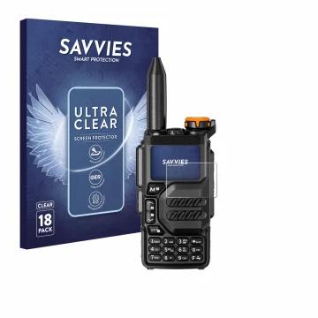 Parte frontal de un envase de producto con el logotipo de la marca Savvies. Al lado se muestra el dispositivo Quansheng UV-K5 