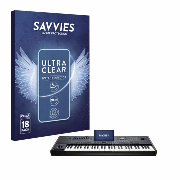 Parte frontal de un envase de producto con el logotipo de la marca Savvies. Al lado se muestra el dispositivo KORG Pa5X con su