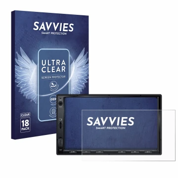 Parte frontal de un envase de producto con el logotipo de la marca Savvies. Al lado se muestra el dispositivo Atoto F7 WE con 