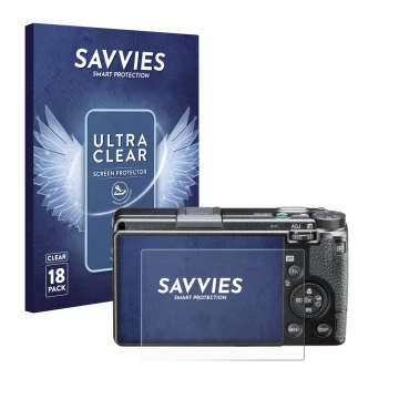 Parte frontal de un envase de producto con el logotipo de la marca Savvies. Al lado se muestra el dispositivo Ricoh GR IIIx HD
