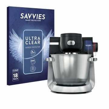 Parte frontal de un envase de producto con el logotipo de la marca Savvies. Al lado se muestra el dispositivo Bosch MUM Serie 
