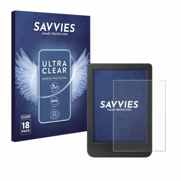 Parte frontal de un envase de producto con el logotipo de la marca Savvies. Al lado se muestra el dispositivo Kobo Clara BW co