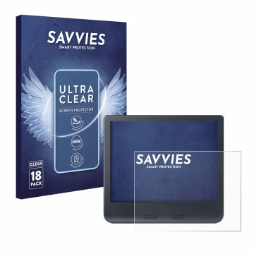 Parte frontal de un envase de producto con el logotipo de la marca Savvies. Al lado se muestra el dispositivo Kobo Libra Colou