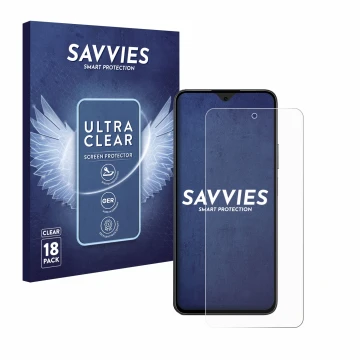 Parte frontal de un envase de producto con el logotipo de la marca Savvies. Al lado se muestra el dispositivo Honor 90 Smart c