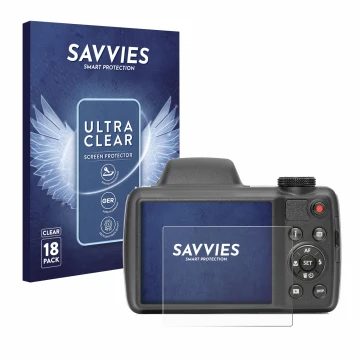 Parte frontal de un envase de producto con el logotipo de la marca Savvies. Al lado se muestra el dispositivo Kodak Pixpro AZ5