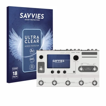 Parte frontal de un envase de producto con el logotipo de la marca Savvies. Al lado se muestra el dispositivo Hotone Ampero II