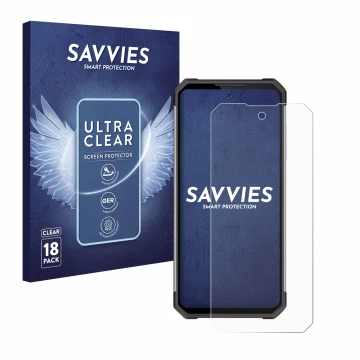 Parte frontal de un envase de producto con el logotipo de la marca Savvies. Al lado se muestra el dispositivo Oukitel WP27 con