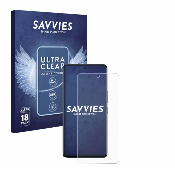 Parte frontal de un envase de producto con el logotipo de la marca Savvies. Al lado se muestra el dispositivo Infinix GT 20 Pr
