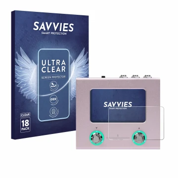 Parte frontal de un envase de producto con el logotipo de la marca Savvies. Al lado se muestra el dispositivo Hotone Ampero Mi