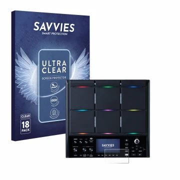 Parte frontal de un envase de producto con el logotipo de la marca Savvies. Al lado se muestra el dispositivo Roland SPD-SX PR