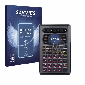 Parte frontal de un envase de producto con el logotipo de la marca Savvies. Al lado se muestra el dispositivo Roland SP-404MKI