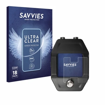 Parte frontal de un envase de producto con el logotipo de la marca Savvies. Al lado se muestra el dispositivo Shure GLXD16+ co