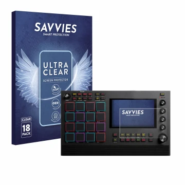 Parte frontal de un envase de producto con el logotipo de la marca Savvies. Al lado se muestra el dispositivo Akai MPC Live II