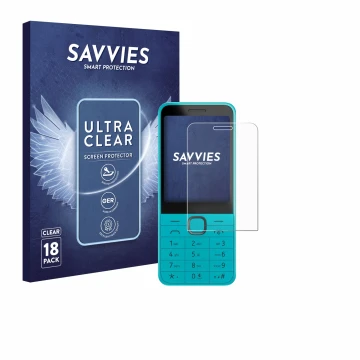 Parte frontal de un envase de producto con el logotipo de la marca Savvies. Al lado se muestra el dispositivo Nokia 235 4G (20