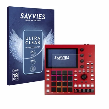 Parte frontal de un envase de producto con el logotipo de la marca Savvies. Al lado se muestra el dispositivo Akai MPC One+ co
